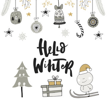 Hello winter - hand drawn Christmas card with lettering and decoration. Cute New Year clip art. Vector illustration