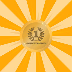 Number one. Winner golden medal. Shiny winner medal on background of rays of light. Vector illustration