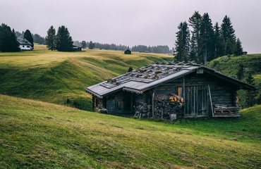 Amazing alpine meadows Alpe di Siusi (Seisser Alm) and traditional old mountain chalets. Dolomites, Alps, Italy