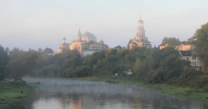 Boris and Gleb Novotorzhsky Monastery reflecting in Tvertsa river in Torzhok, Tver oblast, Russia
