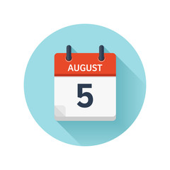 August 5. Vector flat daily calendar icon. Date and time, day, month 2018. Holiday. Season.