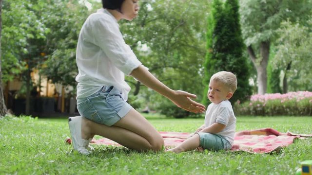 Mom comes to a whining little son on a plaid in the park and spares him