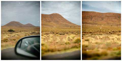 Traveling. Vintage. Taking photos of beautiful hills from a car.