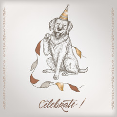 Romantic vintage birthday card template with calligraphy, dog and party flags sketch.