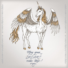 Romantic color vintage birthday card template with calligraphy and winged unicorn sketch.