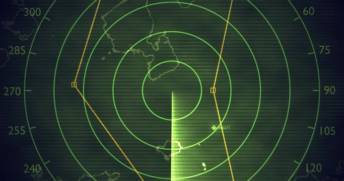 Military radar screen is scanning air traffic. 3D rendered seamless looping animation.