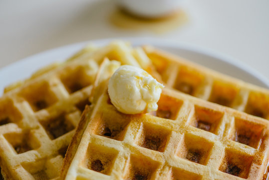Moderately appealing greasy spoon diner-style waffles