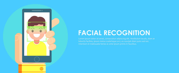 Face recognition and mobile identification.  Young man unlocking her smartphone, or app