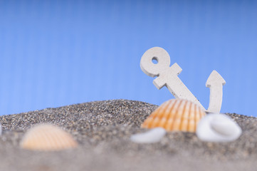 Anchor in the sand at the bottom. Marine background