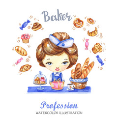 Hand drawn illustration. Watercolor card young girl with bakery products. Profession Baker. Can be...