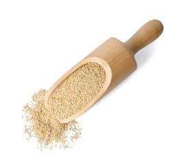 Scoop with raw quinoa grains on white background