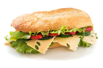 Ciabatta sandwich with salad, tomato, cucumber and cheese isolated on white