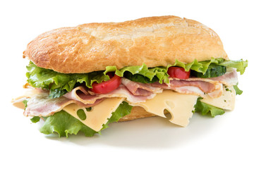 Ciabatta sandwich with salad, tomato, cucumber, cheese and bacon isolated on white 