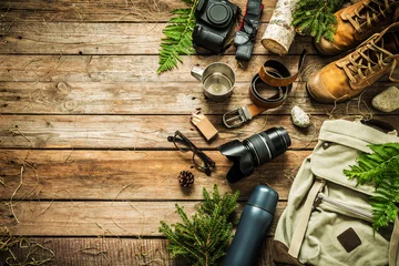 Tuinposter Camping or adventure trip scenery concept (flat lay) © pinkyone