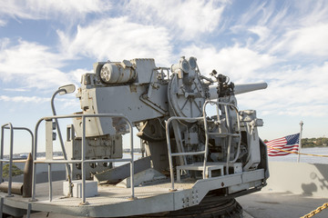 Vintage WWII gun mounted on deck of  Liberty Ship