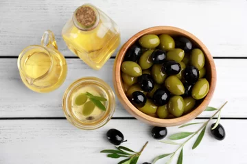 Foto op Plexiglas Composition with healthy olives and oil on wooden table © Africa Studio