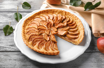 Delicious pear tart on plate