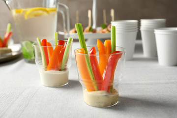 Delicious appetizers for baby shower on table