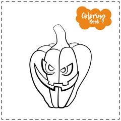 Vector outline illustration of a pumpkin lantern for Halloween with emotion on a white background