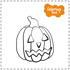 Vector outline illustration of a pumpkin lantern for Halloween with emotion on a white background