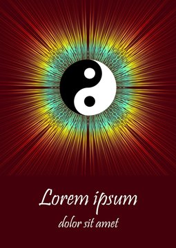 Symbol jin jang with multicolored rays aura on dark red background, spiritual flyer, poster, leaflet, book cover template