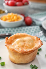 Delicious meat mini pie on plate, closeup
