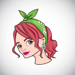 Cartoon with head of cute girl with red hair and bandana