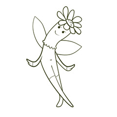 Coloring book with Cartoon of fantasy alive flower with wings