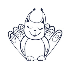 Coloring book with Cartoon of cute smiling fantasy creature with closed eyes