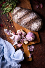 Bakery background, baking ingredients over rustic kitchen countertop.