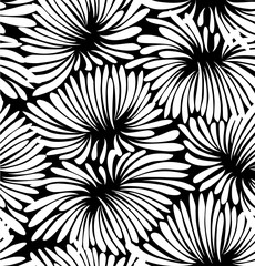 Abstract black and white floral background. Pattern with decorative chrysanthemums