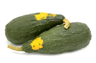 Two large marrow-shaped warty ornamental gourds