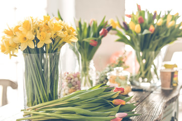 Spring flowers on a wooden table