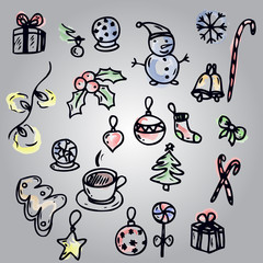 set of Christmas design element in doodle style