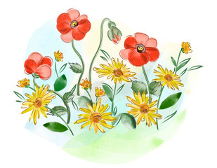 Watercolor flowers violets and pansy and leaves on meadow