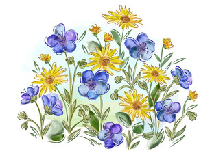 Watercolor flowers violets and pansy and leaves on meadow