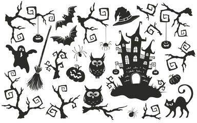 Obraz premium Halloween objects set isolated on white background. Collection of elements for Halloween party invitation design.