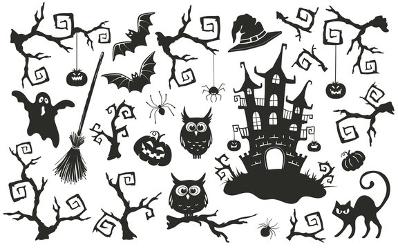 Halloween objects set isolated on white background. Collection of elements for Halloween party invitation design.