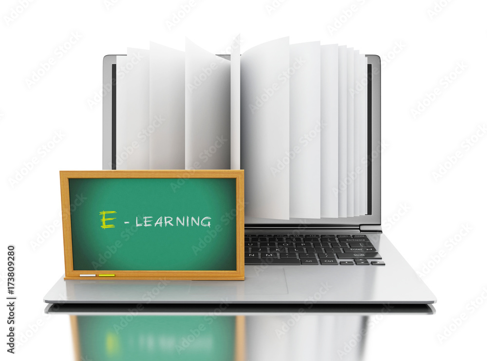 Poster 3d laptop computer with book pages and 