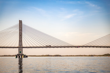 Cable-stayed bridge over Parana river, Brazil. Border of Sao Paulo and Mato Grosso do Sul states