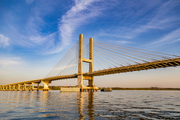 Cable-stayed bridge over Parana river, Brazil. Border of Sao Paulo and Mato Grosso do Sul states