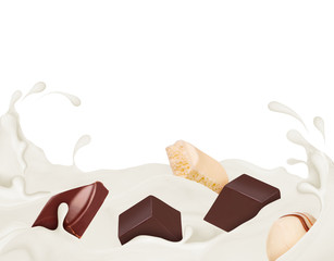 Chocolate sweets drown in splashes of milk