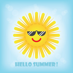 Hello Summer smiling yellow sun emoji icon with sunglasses in the blue sky