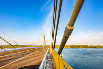 Cable-stayed bridge over Parana river, Brazil. Border of Sao Paulo and Mato Grosso do Sul states