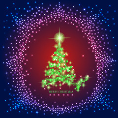 Fototapeta na wymiar Abstract background with gold christmas tree and stars. Illustration in blue,red and green colors.