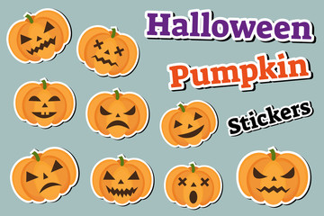 Halloween pumpkin set of stickers emoji, patches badges. Scary emoticons with pumpkins. Vector illustration