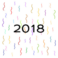 Happy New Year 2018 greeting card with serpantine lines on background. Text 2018 on falling down colorful lines. Vector illustration
