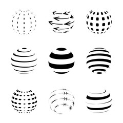 Black and white sphere logo set isolated on white background. Graphic logo design. Vector illustration. Different logotype collection