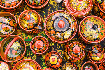 Russian wooden utensils, traditional Russian handmade souvenir, top view