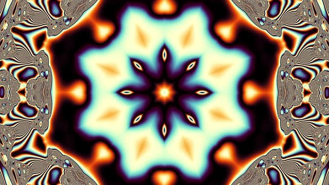 Moving and spinning mandala ornament. Seamless loop abstract motion background. Cosmic flower unfolding.